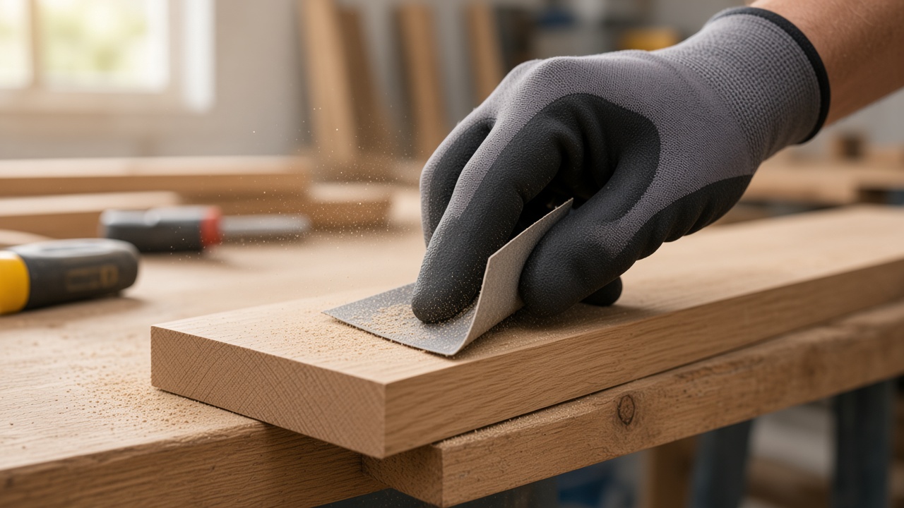 Hand som slipar trä med sandpapper